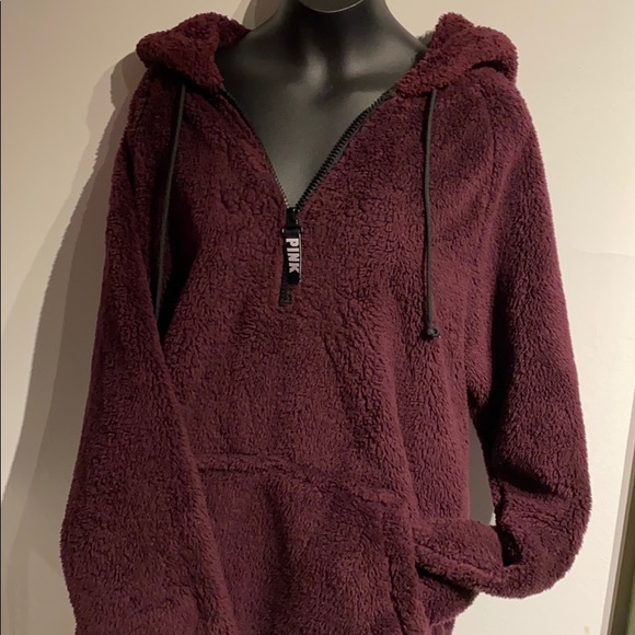 PINK Victoria's Secret Tops - • PINK Victoria’s Secret Purple Sweatshirt Zip Up Sherpa Hoodie Purple Plum